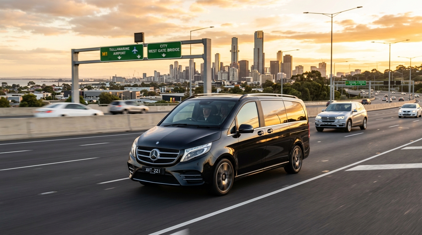 Avalon airport to Melbourne airport chauffeur - Luxury Mercedes V-Class van cruising on Melbourne freeway towards Tullamarine Airport with city skyline