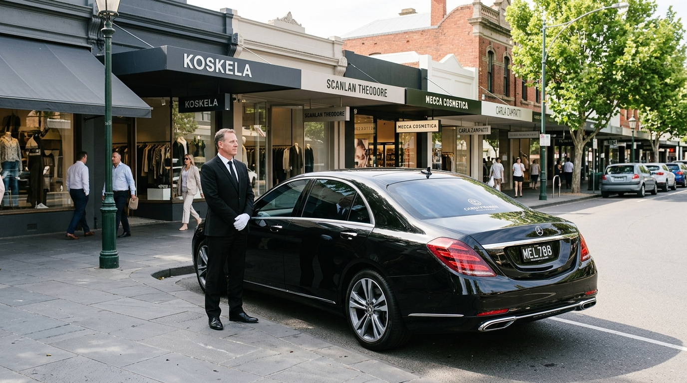 Brighton chauffeur melbourne - Mercedes S-Class private transfer outside Church Street Brighton luxury shopping strip