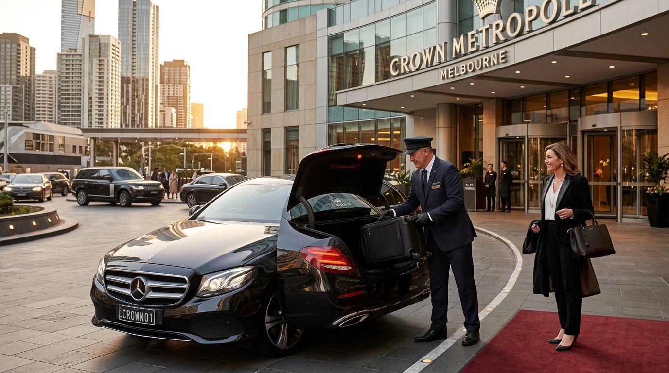 Crown Metropole chauffeur melbourne - Uniformed chauffeur loading luggage into Mercedes luxury sedan at Crown Metropole hotel driveway