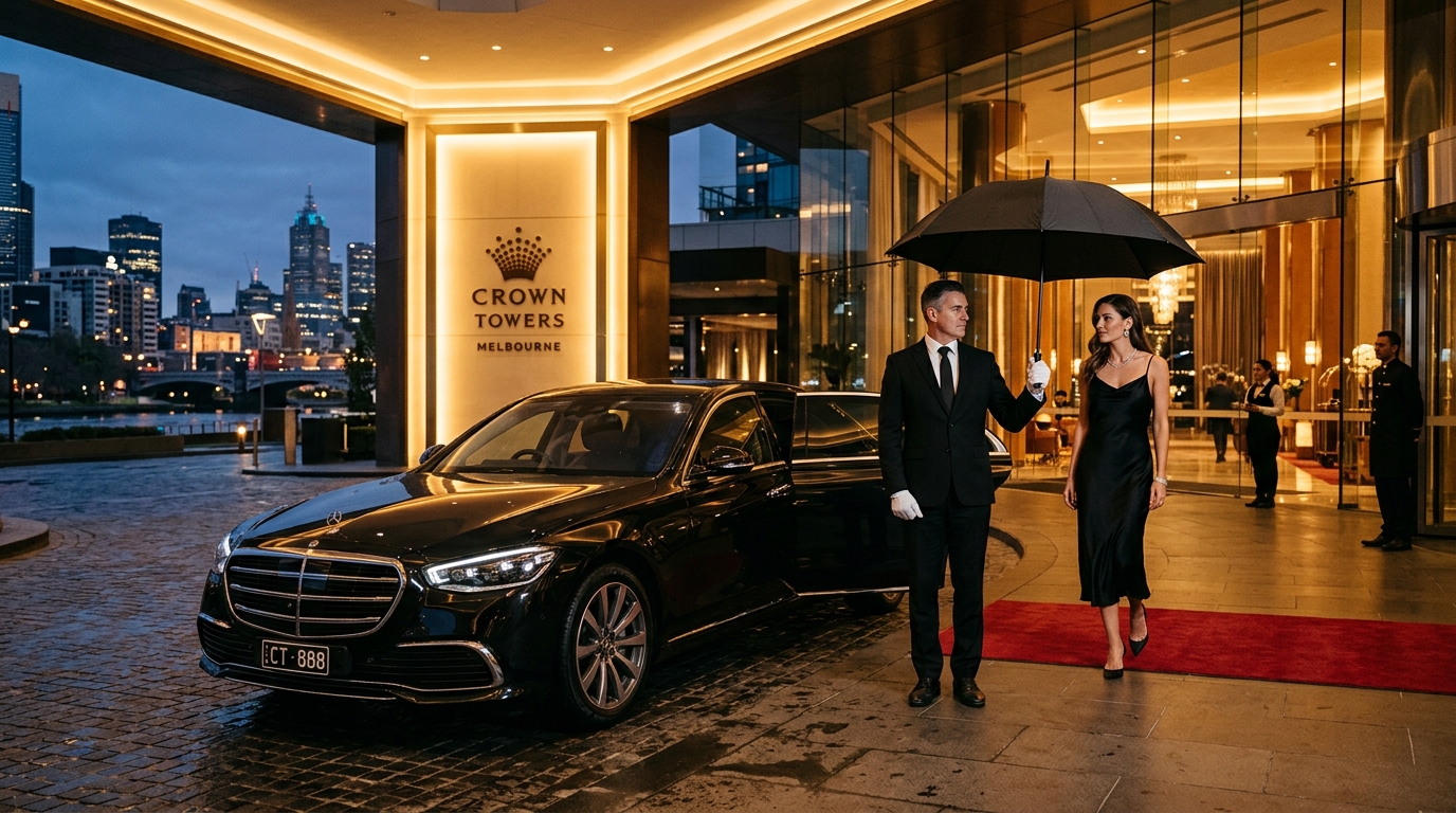 Crown tower chauffeur melbourne - Uniformed chauffeur with umbrella opening door for guest at Crown Towers Southbank