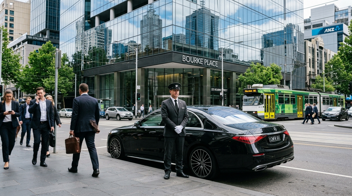 Melbourne cbd chauffeurs - Uniformed chauffeur standing beside black Mercedes luxury car outside Bourke Place corporate skyscraper in Melbourne financial district