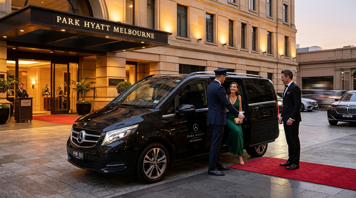 Parkhyatt hotel chauffeur-melbourne - Luxury Mercedes V-Class van stationed at Park Hyatt Melbourne driveway with chauffeur