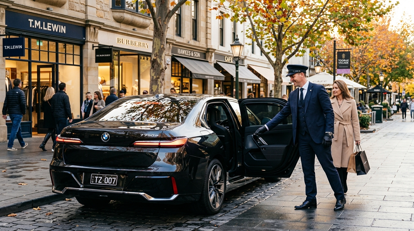 Toorak chauffeur melbourne - Uniformed chauffeur standing beside luxury executive car in Toorak Village