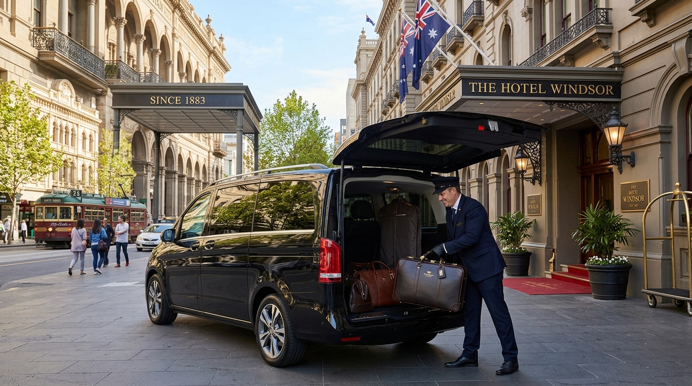 Windsor hotel chauffeur-melbourne - Professional chauffeur loading premium luggage into Mercedes V-Class van outside The Hotel Windsor